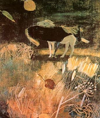 Paysage nocturne aux chevaux et aux herbes s�ches